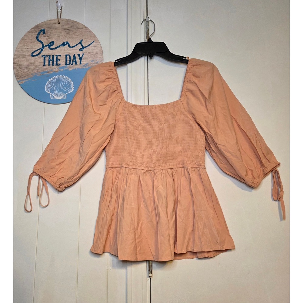 Mittoshop Peach Smocked Bodice Puff Sleeve Peplum Top Square Neck Small
